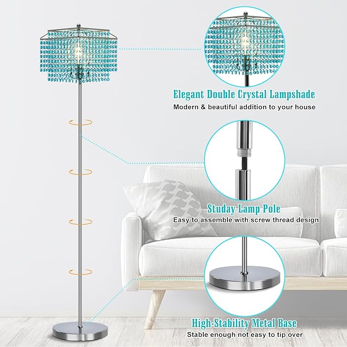 Luvkczc Crystal Floor Lamp Blue, 64" Tall Elegant Standing Lamp with On-Off Foot Switch, Double-Layer Lampshade, Light Blue Standing Lamps for Living Room, Bedroom, Office, 8W Bulb Included