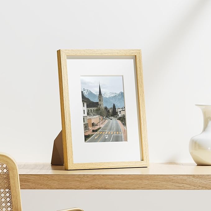 Vittanly 9x12 Picture Frames Set of 9, Shatter Resistant Plexiglass, Display 6x8 Pictures with Mat or 9x12 without Mat, Photo Frames for Wall or Tabletop, Engineered Wood, OAK