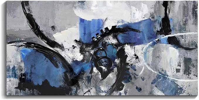 Abstract Canvas Wall Art: Large Wall Art for Living Room, Bedroom & Gray Office Decorations for Work, Framed Artwork - Modern Decor with Blue & Black Paintings