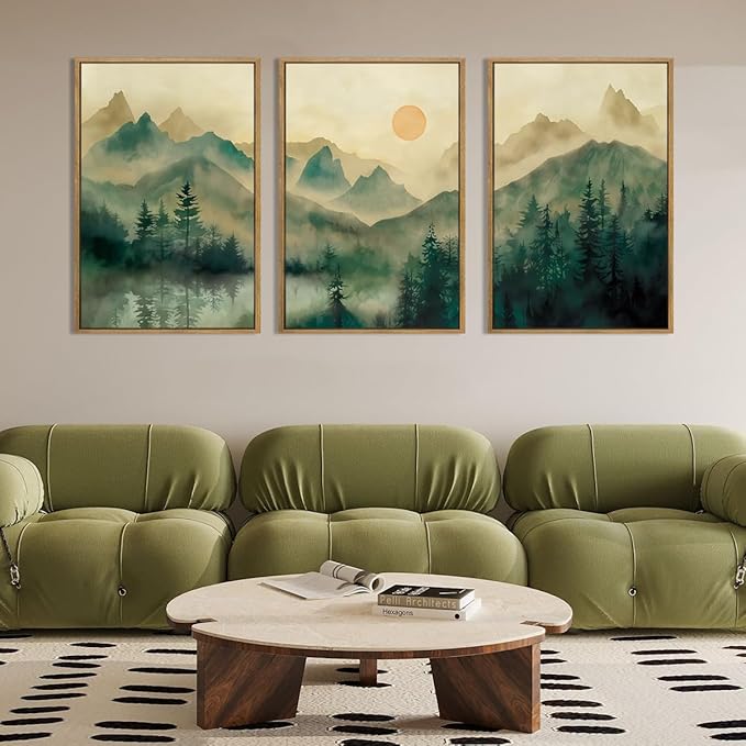 IARTTOP Large Mountain Canvas Wall Art Framed 24x36 Inch Foggy Forest Green Landscape Art Prints Nature Landscape Wall Decor for Living Room Bedroom Office Set of 3