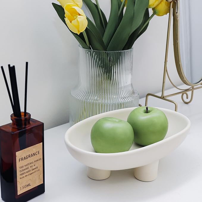 Fruit Bowl Three-Legs Ceramic Fruit Bowl for Kitchen Counter, 12 Inch Fruit Basket Decorative Candy Bowl for Table Décor, Oval Large Bowls Key Bowl Home Table Décor (Crème 12 Inch)