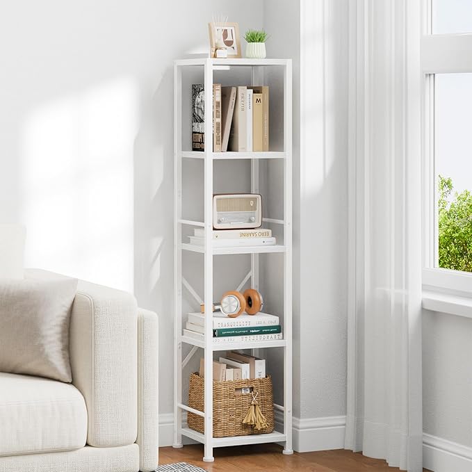 Furologee 5 Tier White Bookshelf, Tall Narrow Bookcase for Small Space, Modern Freestanding Shelf, Metal and Wooden Display Storage Shelves for Bedroom, Living Room, Office