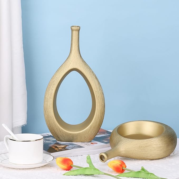 LCCCK Matte Gold Ceramic Vase Set of 2 - Ribbed Hollow Aesthetic Decorative Vase, Modern Farmhouse Table Centerpiece, Boho Gold Vases for Flower Decor and Home Living