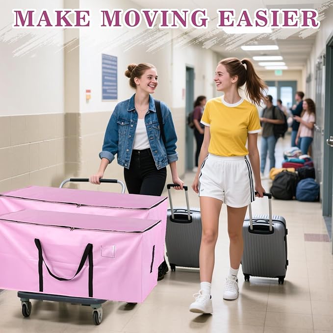 66 Gallon Extra Large Moving Bags - Heavy Duty Storage Bags with Zipper & Strong Handles, Pink Packing Bag for Moving, Storage, Travel and Camping, College Dorm & Home Supplies, 2 Pcs