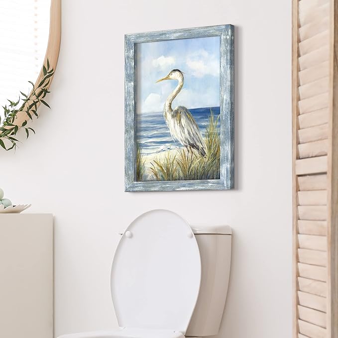 Coastal Sea Bird Wall Art: Framed Blue Ocean Scene Picture Heron on Beach Wooden Painting Artwork Modern Bedroom Bathroom Living Room Wall Decoration Home Office Decor 24”x16”