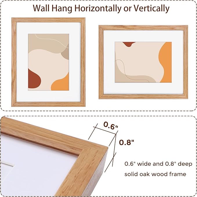 8x10 Picture Frame Wood, 8 x 10 Photo Frame for Wall & Tabletop Display, 8 by 10 Frames Made of Solid Oak Wood, Real Glass 8" x 10" Picture Frame, 8x10 Matted Frame for 5x7, Natural Oak Color, 1 Pack