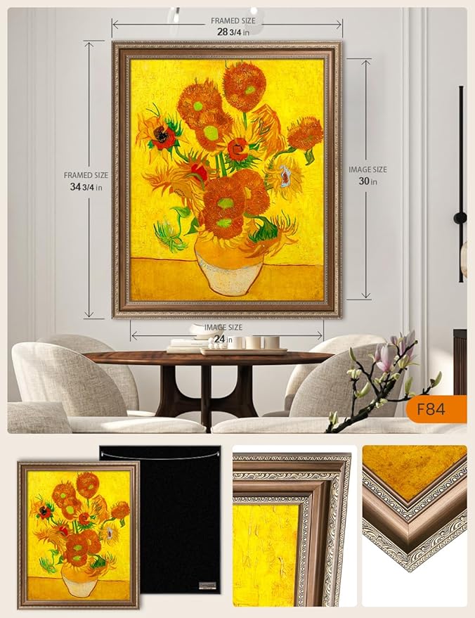 DECORARTS - Sunflowers, Vincent Van Gogh Art Reproduction. Acid Free Cotton Canvas Giclee Print w/Bronze Frame&Mat for Wall Decor.