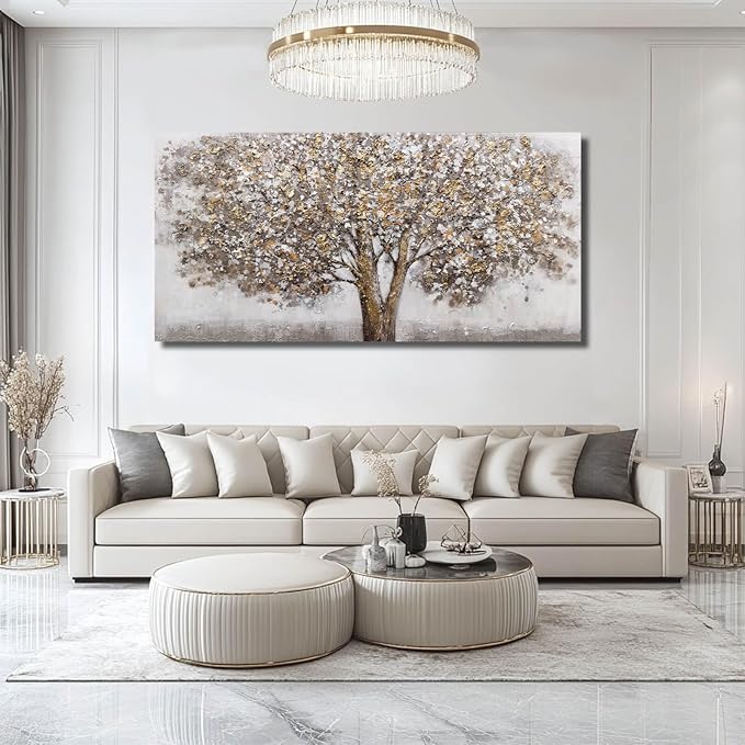 CHUDANHAO Large Canvas Wall Art Decorative Paintings Grey Room Decor Gold Tree Picture Scenery Artwork for Living Room Bedroom Hotel 29"x58"