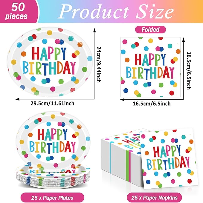 Birthday Party Oval Paper Plate 11inch Large Happy Birthdays Plates and Napkins, Colorful Dots Party Decoration Favor Dish Tray for Bday Baby Shower Holiday Gathering Supplies Tableware, 25 Guest