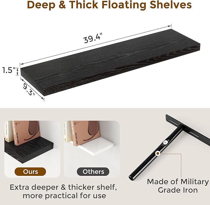 40 Inch Floating Shelves Black, 40" W x 9.3" D Floating Shelf Set of 2, Farmhouse Wood Wall Shelves for Bedroom, Kitchen, Wall Mounted Deep Shelving for Home Decor