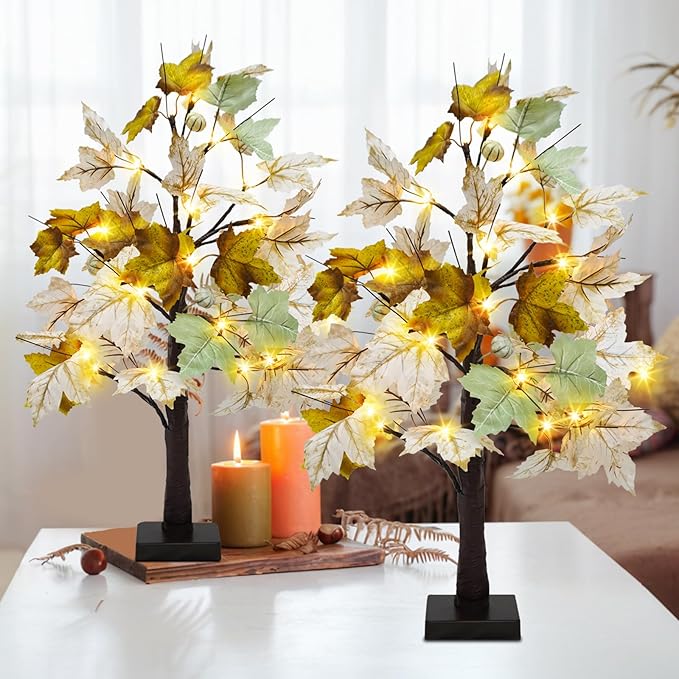 Uieke 24inch Artificial Lighted Fall Maple Tree 24 LED Fall Decor Tabletop Maple Tree with 3 White Pumpkins Battery Operated Timer, Fall Decorations or Home Thanksgiving Autumn Harvest (Green White)