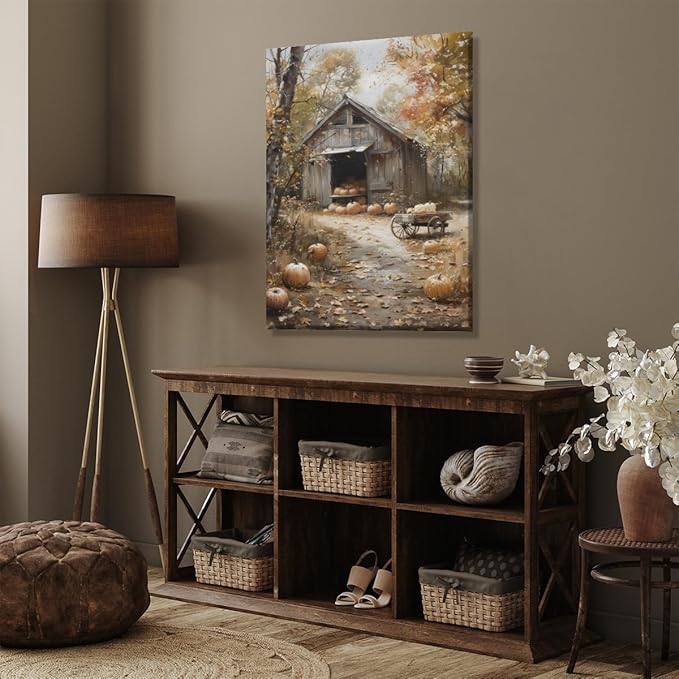 Fall Canvas Wall Art Farmhouse Pumpkin Barn Posters Retro Countryside Fall Pictures Prints Farmhouse Wall Decor for Home Living Room 12x18inch Unframed
