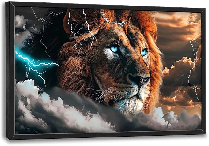 Abstract Lion Large Framed Wall Art Cool Lion Lightning Pictures Oversized Rustic Wild Animal Wall Decor Canvas Print Painting Aesthetic Modern Artwork for Living Room Bedroom Office Bathroom Home Decor 36L"x24W"