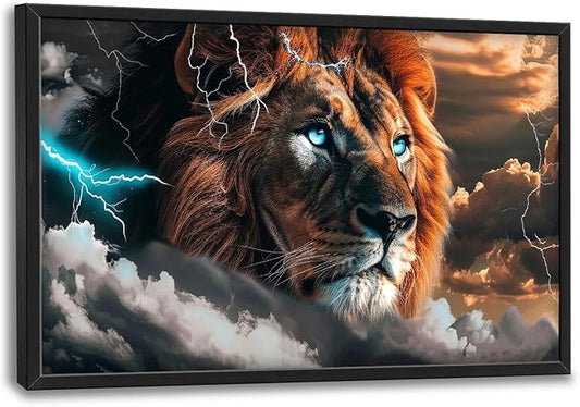 Abstract Lion Large Framed Wall Art Cool Lion Lightning Pictures Oversized Rustic Wild Animal Wall Decor Canvas Print Painting Aesthetic Modern Artwork for Living Room Bedroom Office Bathroom Home Decor 36L"x24W"