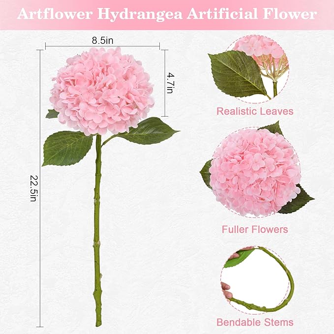 Artflower 4Pcs Real Touch Hydrangea Artificial Flowers, 22.5'' Pink Full Latex Faux Hydrangea Flowers for Home Floral Arrangements Wedding Bouquets Kitchen Table Centerpiece Decorations