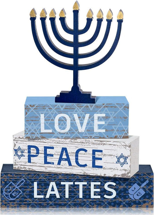 Geelin 4 Pcs Hanukkah Decorations for Home 3 Layered Wood Block with Dreidel Star of David Menorah Hanukkah Decor Blue and White Jewish Judaism Chanukah Decor for Mantel Tabletop Party