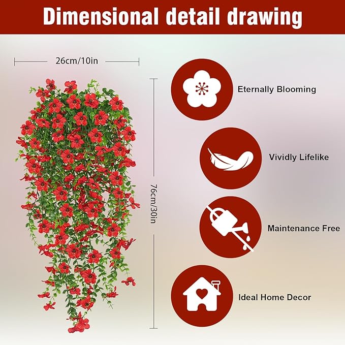 4 Pcs Fall Artificial Hanging Flowers for Outdoors,Fake Hanging Plants,Artificial Mums for Outdoors,Fall Decorations for Home,Outdoor Fall Decor(Red)