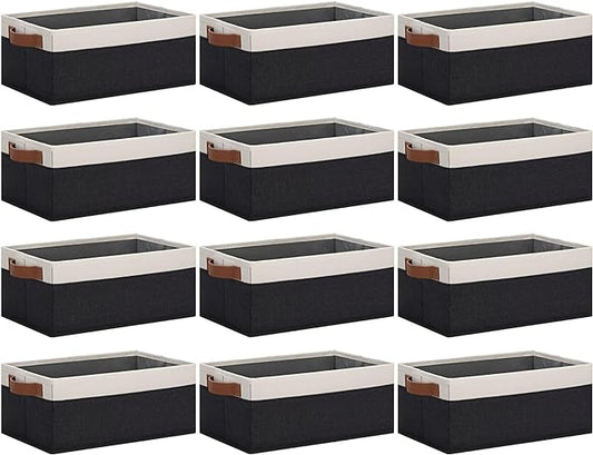 GhvyenntteS Storage Baskets for Shelves 12 Pack, Fabric Storage Bins with Leather Handles, Foldable Rectangular Storage Baskets for Organizing Home, Office (Black/White, 11.8" x 7.87" x 5.11")