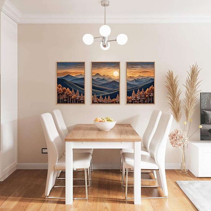 HOURIA Large Woodland Mountain Sunset Framed Canvas Wall Art Set,Wilderness Wooden Forest Landscape Wall Decor,Nature Botanical Artwork,Boho Pine Tree Art Print for Living Room,Bedroom- 16"x24"x3