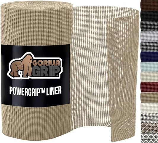 GORILLA GRIP powerGRIP Drawer Shelf and Cabinet Liner, Thick Strong Hold, Non-Adhesive Liners Protect Kitchen Cabinets and Cupboard, Bathroom Drawers, Easy Install, Breathable Mat, 20" x10', Beige