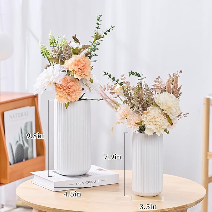White Ceramic Flower Vase for Pampas Grass, 8 inch Small Decorative Centerpiece Ribbed Vase for Dining Table, Office Desktop, Shelf Bookshelf, Mantel, Entryway, Bathroom, Countertop, Farmhouse, Gift