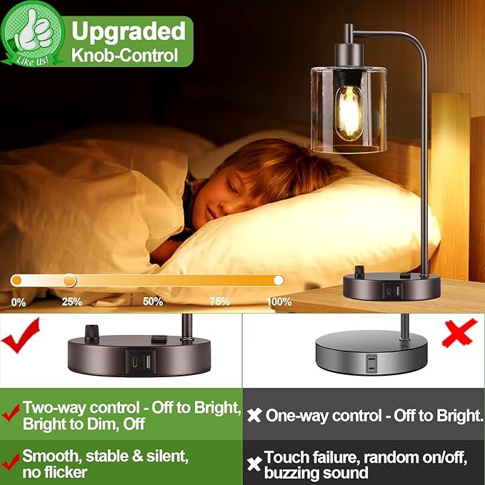 Set of 2 Oil Rubbed Bronze Table Lamps with USB C+A Ports and Outlet, Fully Stepless Dimmable Bedside Lamps, Industrial Desk Lamps with Clear Glass Shade for Living Room (2 LED Bulb)
