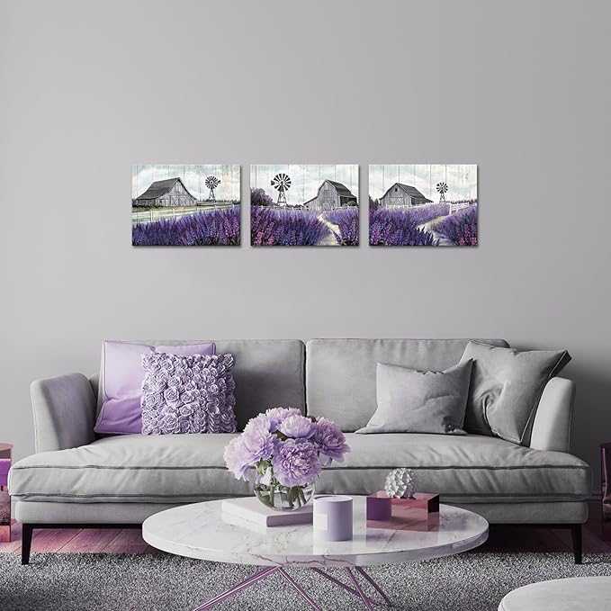 RyounoArt Farmhouse Wall Art Barn Windmill Lavender Pictures Countryside Rural Landscape Canvas Painting Wall Decor Framed Ready to Hang 12 * 16 inches* 3pcs