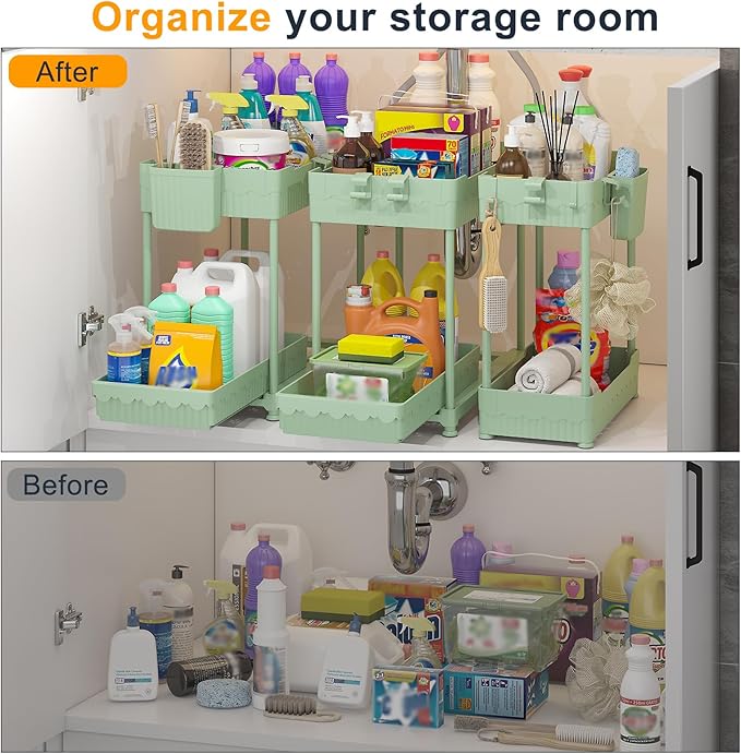 3 Pack Under Sink Organizers, 2-Tier Multi-Use Kitchen and Bathroom Organizers and Storage with Sliding Drawers，Bathroom Cabinet Organizer (Green, 14.8 Inch)