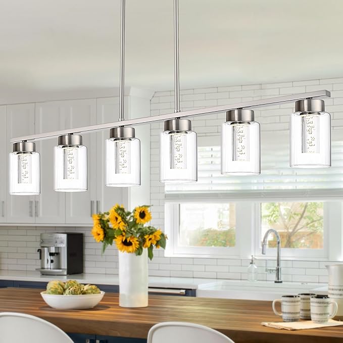 6-Lights 5CCT LED Pendant Light Fixtures LED Integrated Bulbs Included, Modern Dining Room Linear Chandelier with Bubble Crystal LED & Clear Glass Shade, Brushed Nickel Kitchen Island Light