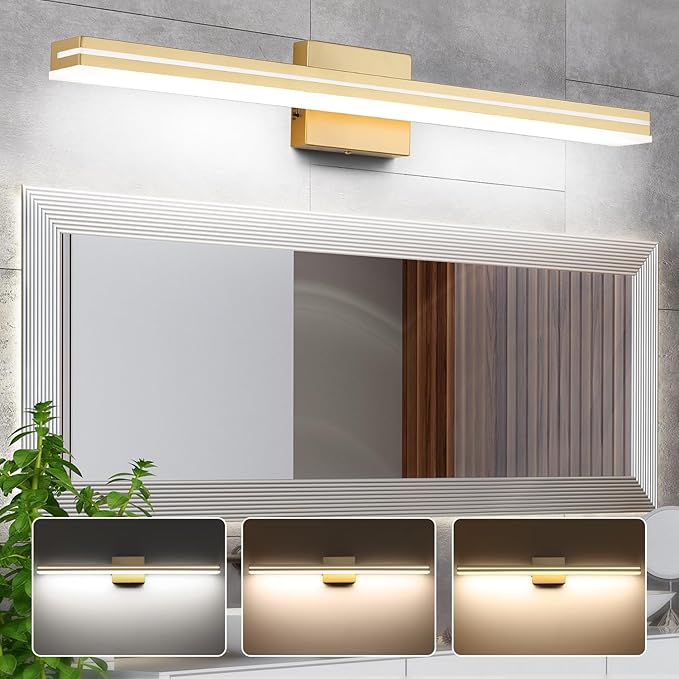 SineRise LED Modern Bathroom Vanity Light Fixtures (32-Inch, 3000K/4000K/6000K, Dimmable), Gold Modern Acrylic Bathroom Wall Lighting Fixtures Over Mirror