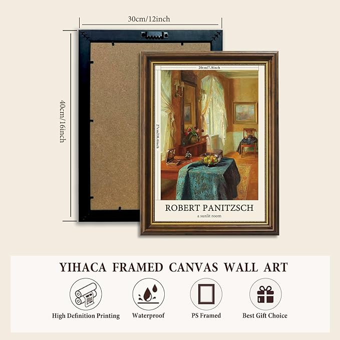Yihaca Vintage Brown Frame Prints Decor Artist a Sunlit Room Wall Art Framed Canvas Wall Art Home Decor for Living Room Bedroom Decor 12x16in
