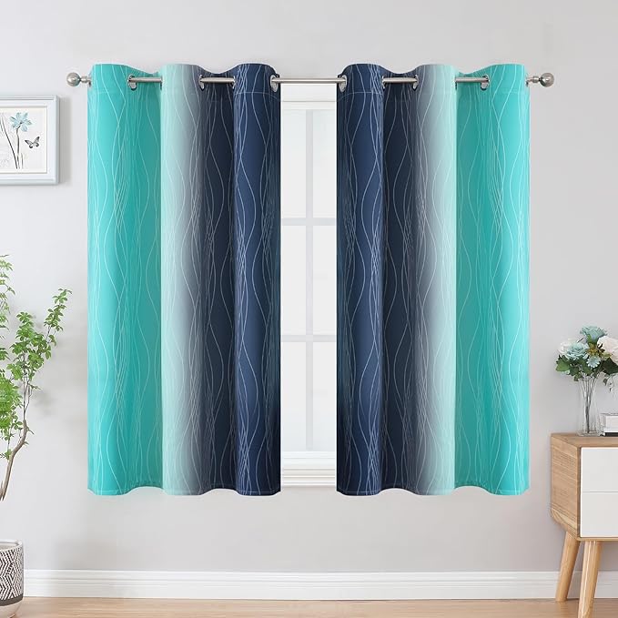Estelar Textiler Navy Blue and Teal Ombre Blackout Curtains 54 Inch Length 2 Panels, Full Room Darkening Gradient Drapes for Kitchen, Thermal Insulated Grommet Short Curtains for Bedroom,42Wx54L