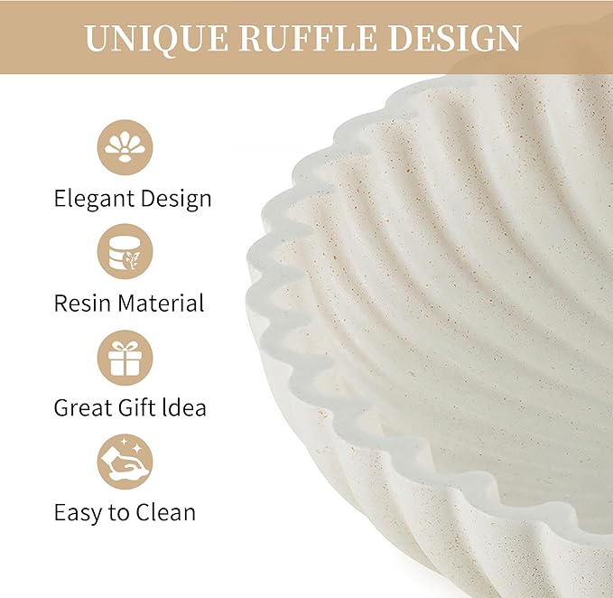 Hanobe Decorative Bowl Home Decor: Large Centerpiece Bowls for Living Room Coffee Table Resin Scalloped Ruffle Key Tray for Entryway Console Accent Display Fruit for Dinning Table Kitchen Counter