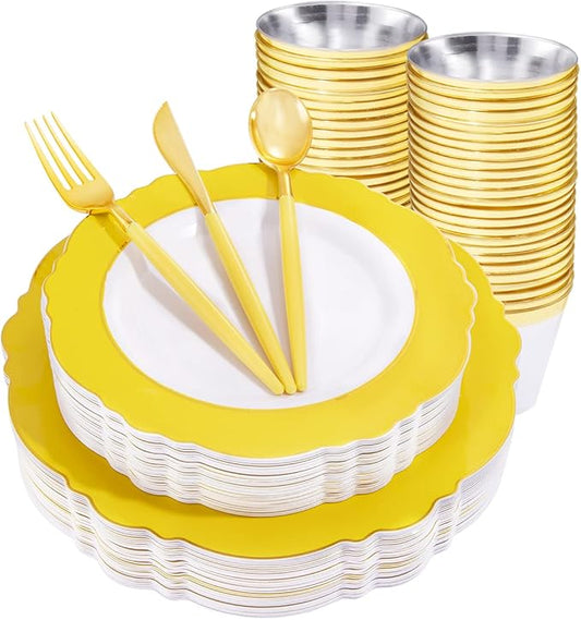 WDF 150pieces Yellow Disposable Dinnerware Hign-end Baroque Design - Sturdy&Durable Baroque Yellow Sunshine&Gold Plastic Dinnerware for Upscale Wedding & Thanksgiving Parties