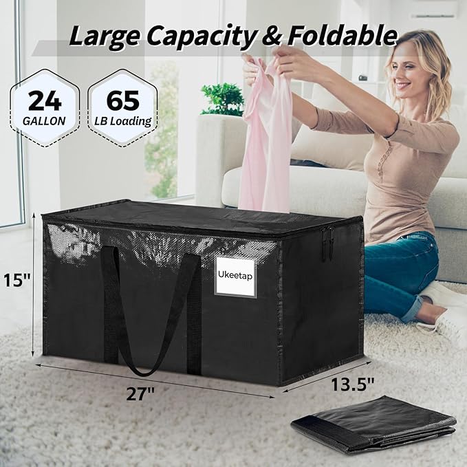 8 Pack Extra Large Heavy Duty Moving Bags, Black Storage Bins with Lids, Reinforced Handles & Heavy-Duty Zippers Moving Boxes Storage Bags Totes for Clothes Packing, Dorms, College Supplies, Black