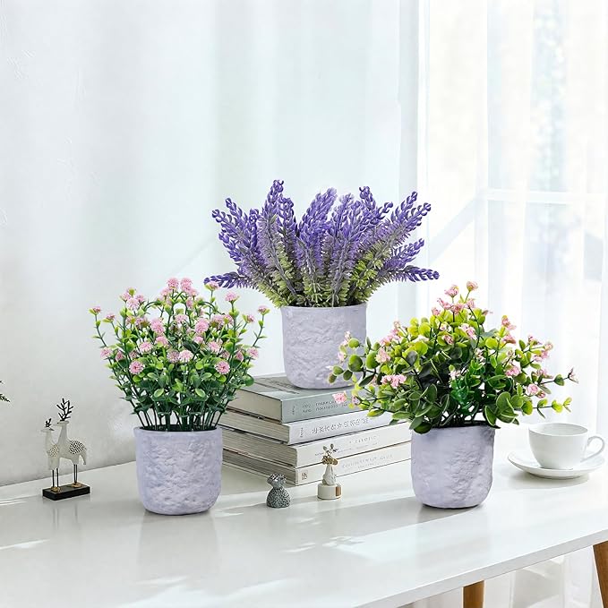 FGSAEOR Mini Potted Fake Plants, Small Artificial Greenery Realistic Plants Topiaries, Low Maintenance, for Home Office Shelf Desk Farmhouse Room Coffee Table Decor (3-Pack) (Purple Pink (Round Pot))