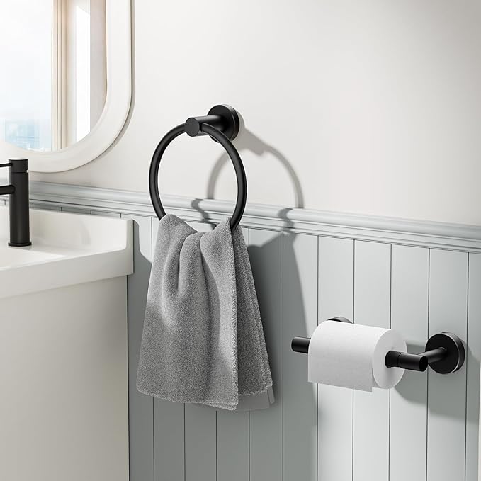 FORIOUS Matte Black Toilet Paper Holder Wall Mount, SUS304 Stainless Steel Double Post Pivoting Tissue Roll Holder and Hand Towel Ring Set for Bathroom, RV, Bathroom Hardware Accessories Set