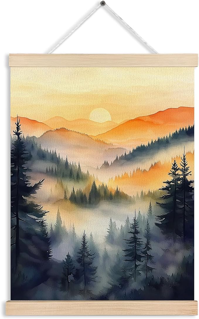 FITIE Misty Foggy Mountain Forest Canvas Wall Art Poster, Nature Room Decor, Retro Sunset Forest Landscape Scenic Wall Decor Prints for Home Bedroom Living Room, 12x16 Inches
