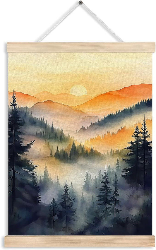 FITIE Misty Foggy Mountain Forest Canvas Wall Art Poster, Nature Room Decor, Retro Sunset Forest Landscape Scenic Wall Decor Prints for Home Bedroom Living Room, 12x16 Inches