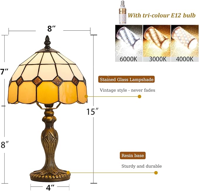 Tiffany-Style 8 Inch Table Lamp Mediterranean Series Stained Glass Lampshades Small Bedside Lamp Reading Antique Desk Light Livingroom Bedroom Office Vintage Art Deco Victorian(Color:Orange)