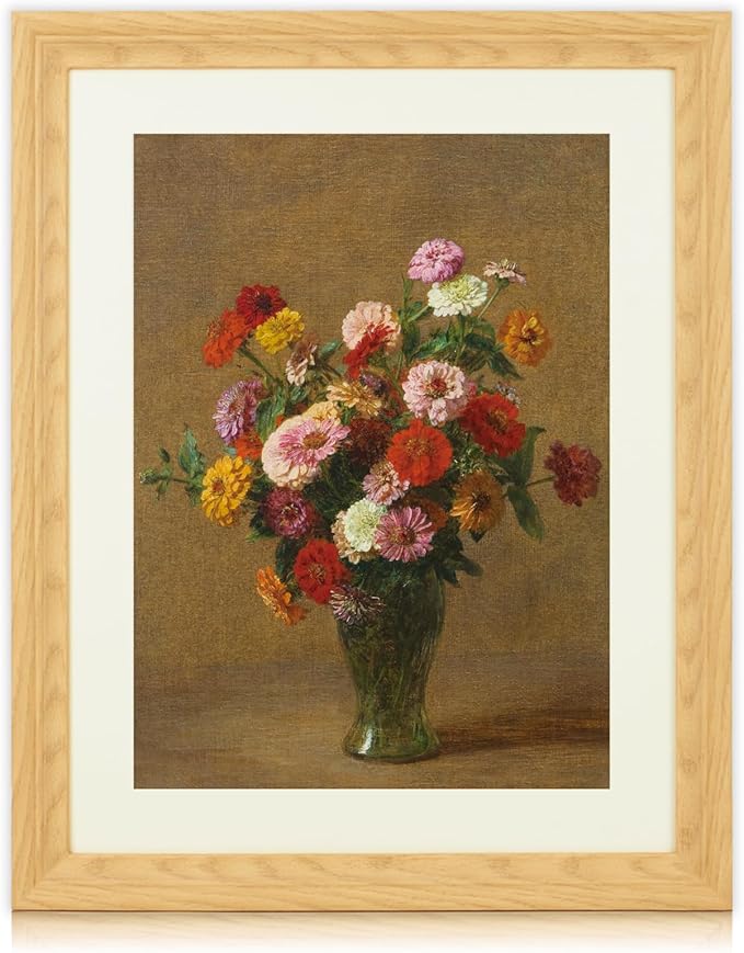 Brivoria Framed Canvas Wall Art Vintage Decor, Majestic Autumn Floral Still Life with Colorful Zinnias and Warm Rustic Tones for Living Room Bedroom Dining Room Fireplace or Gallery Display, 16"x20"