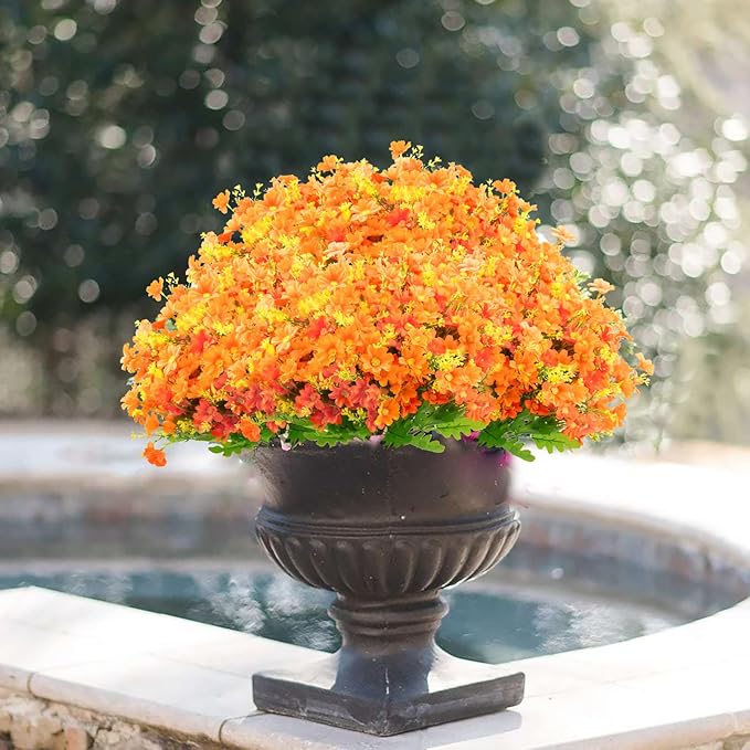 Uieke 6PCS Artificial Fake Fall Flowers for Outside, Daisy Mums Flowers UV Resistant No Fade for Indoor Home Office Hanging Planter Wedding DIY Garden Porch Thanksgiving Décor (Orange)