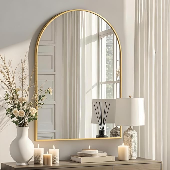 Arched Wall-Mounted Mirror, 24"x36" Arch Bathroom Mirror, Gold Vanity Mirror for Wall Décor, Wall Mirror with Metal Frame for Bedroom, Entryway, Living Room, Brushed Gold