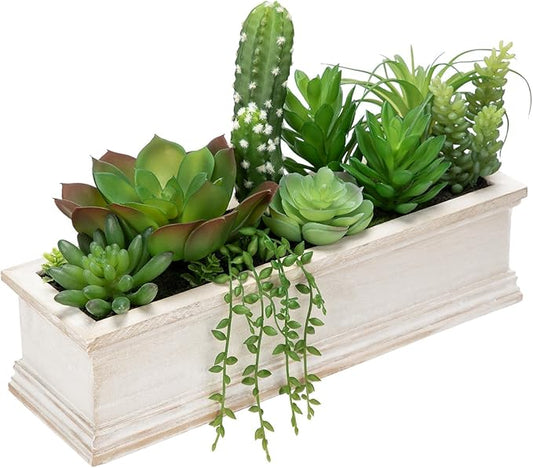 Artificial Succulents Fake Plants in White Rectangular Wooden Pots 12.9"W Artificial Potted Succulents Faux Plants Arrangement for Table Centerpiece Farmhouse Shelf Mantel Tropical Greenery Decor