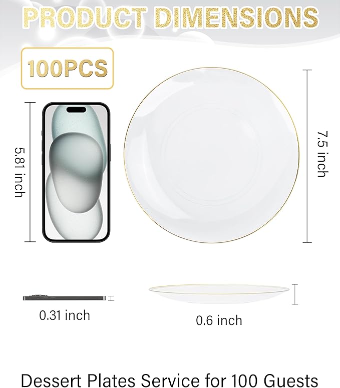 Nervure 100Pieces Clear and Gold Rim Plastic Plates - 7.5inch Disposabl Salad Dessert Plate - Clear and Gold Party Plates Ideal for Wedding & Party & Thanksgiving