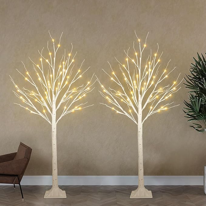 2-Pack 4FT Lighted Birch Tree for Indoor Christmas Decorations Outdoor, Higher Size, Timer Function Birch Christmas Tree with 96 LED Warm White Lights for Home Decor Bedroom Thanksgiving Party Garden