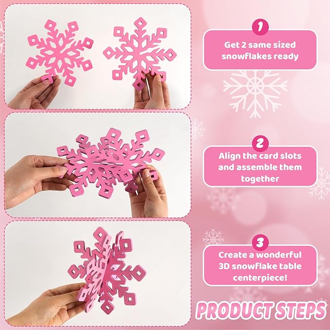 OuMuaMua 6 Set Snowflake Christmas Table Decorations - 12pcs Pink White Wooden 3D Snowflake Decor Tabletop Centerpiece for Christmas Party Supplies Home Decor