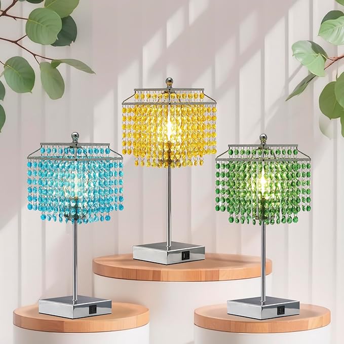 Luvkczc Crystal Table Lamp with Touch Control, Bedside Crystal Table Lamp with USB C+A Ports, 3-Way Dimmable Lamp with Crystal Shade for Girls Bedroom, Living Room, Light Blue & B11 LED Bulb Included