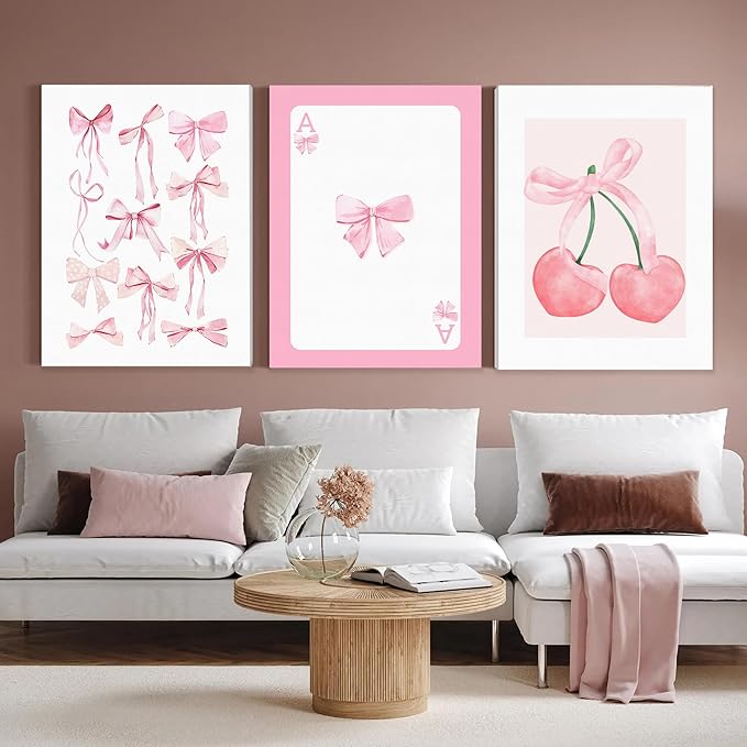 WRFON Trendy Pink Bows Canvas Wall Art, Vintage Preppy Cherry Poster Prints, Pink Watercolor Bows Wall Decor, Coquette Girly Room Aesthetic Pictures for College Apartment Bedroom Framed 12"x16"x3