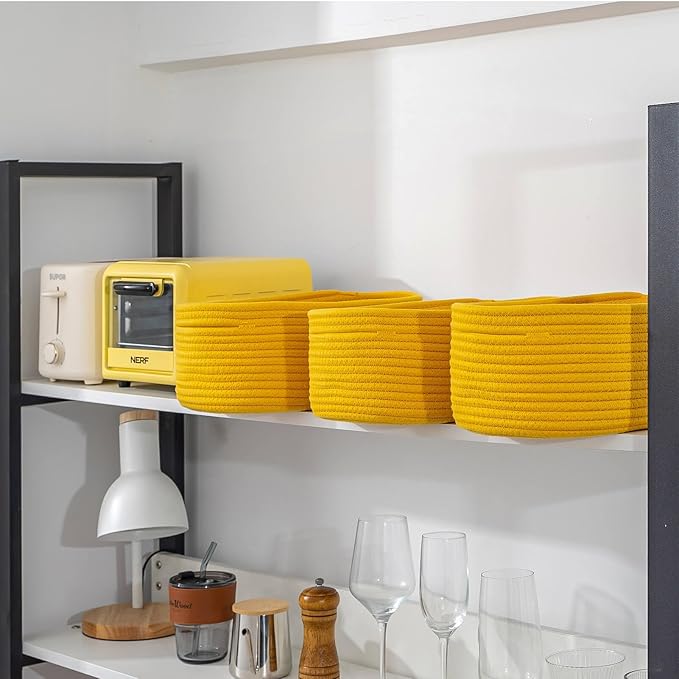 CubesLand Rope Woven Storage Baskets, Small Baby Nursery Organizer Basket, Rectangular Organization/Storage Bins, Closet Shelves Baskets，Empty Gift Basket 3 Packs, Yellow